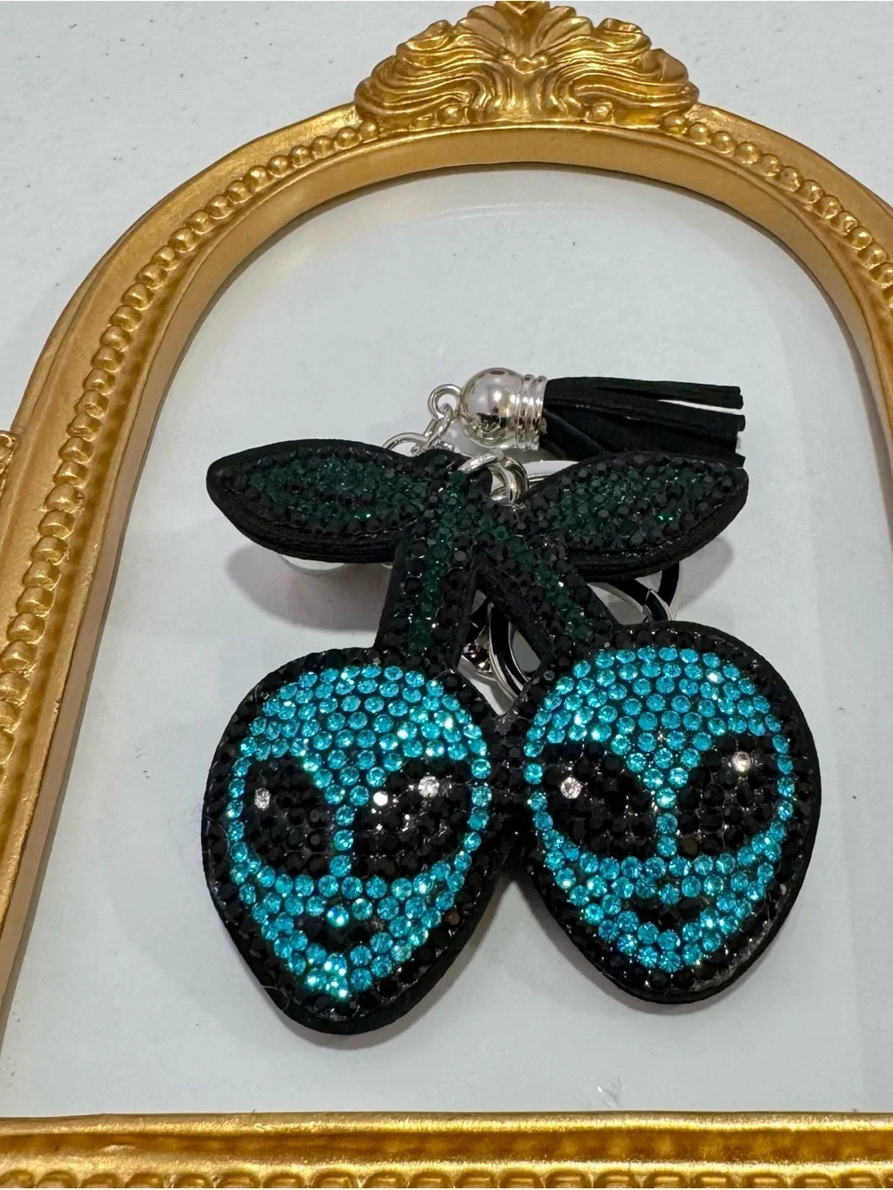 New Crystal Alien Cherries Keychain - Teal & Black